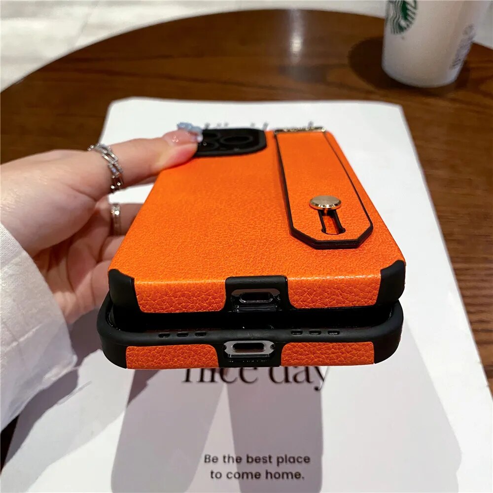 Luxury Wrist Strap Holder Leather Texture Case For iPhone 15 Series