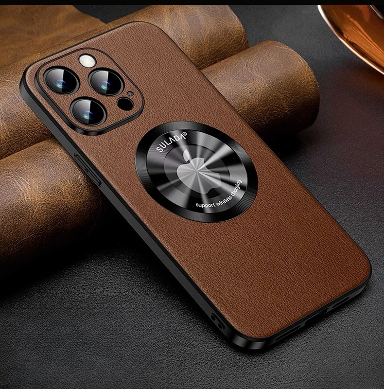Genuine Leather Metal Frame Anti Drop Magnetic Suction Cover for iPhone 15
