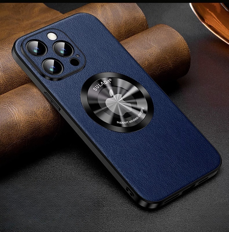 Genuine Leather Metal Frame Anti Drop Magnetic Suction Cover for iPhone 15